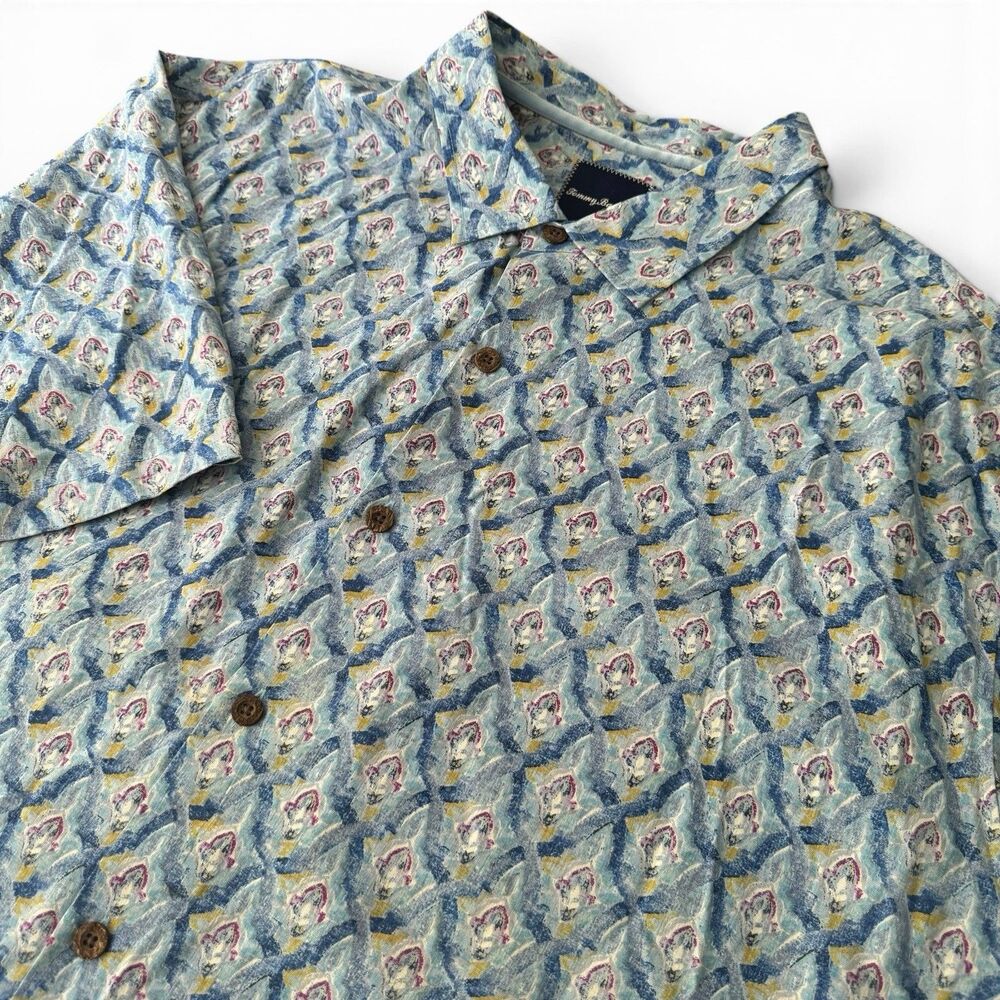 Tommy Bahama 100% Silk Shirt Men 3XB Blue Geometric Print Short Sleeve Jacquard